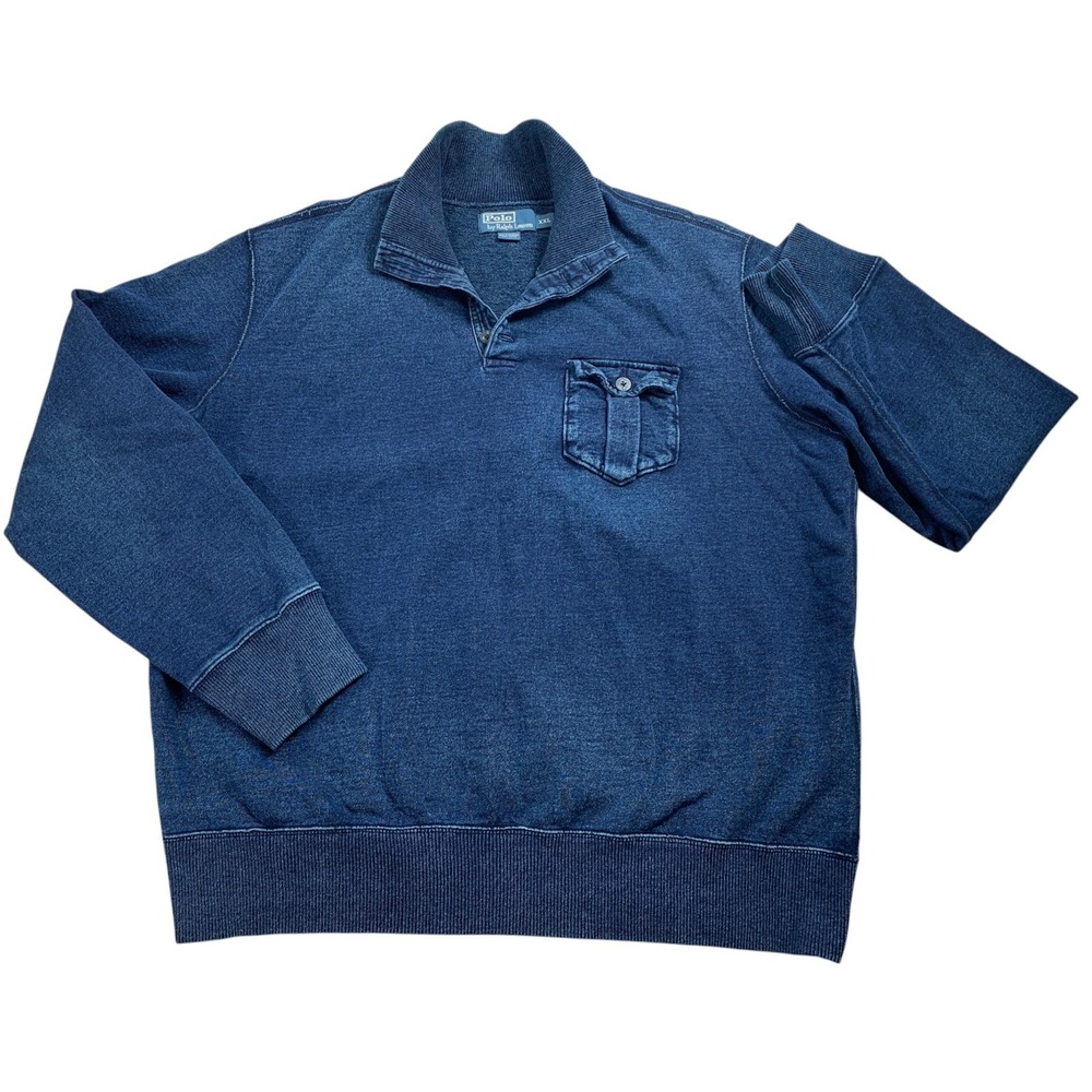 Polo‎ Ralph Lauren Denim Pullover Mens XXL Blue Mock Neck Chest Pkt Vintage Prep